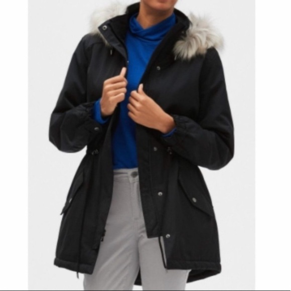 Banana Republic Water Resistant Black Hooded Parka Coat size XS Sherpa lining - Picture 1 of 13